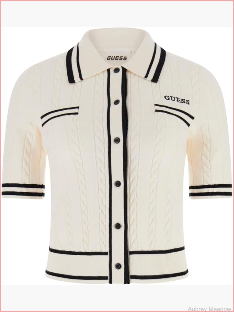 Cable-Knit Polo Cardigan Sweater With Embroidery
